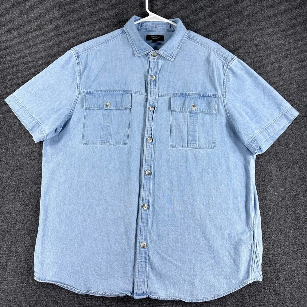 Banana Republic‎ Mens XL Denim Shirt Short Sleeve Light Wash Blue Standard Fit